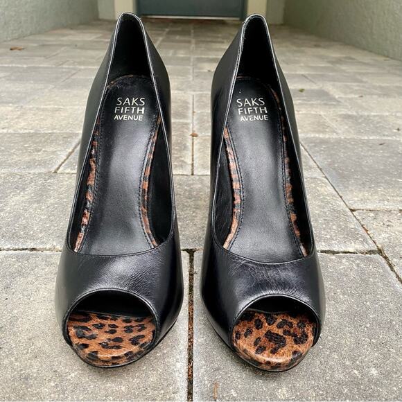 Saks Fifth Avenue Adriana Black and Leopard Print Leather High Peep Toe Heels - Picture 7 of 10